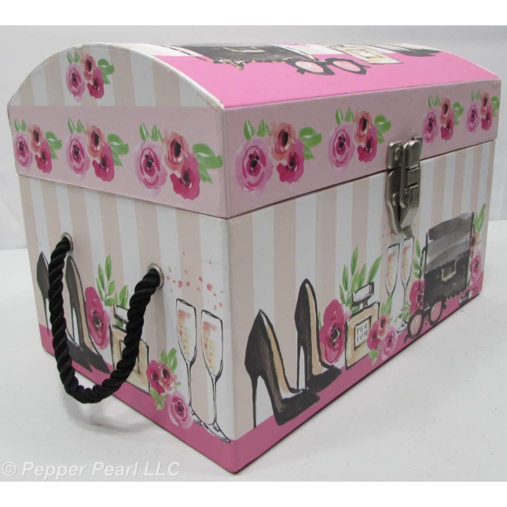 Tres Chic Chest Box Latch Feminine Roses Rope Handles Pink White Gray Black - Picture 2 of 5
